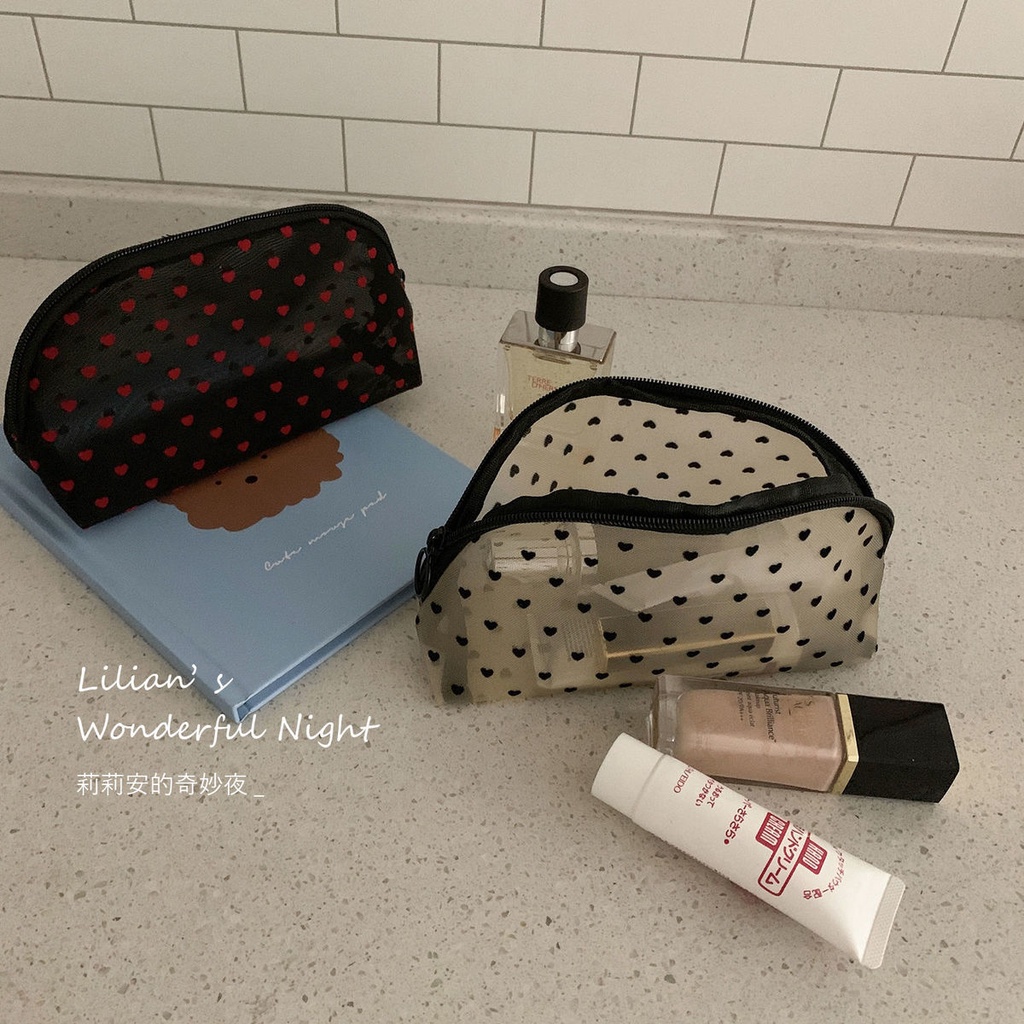 Túi Lưới Đựng Mỹ Phẩm Họa Tiết Trái Tim Xinh Xắn