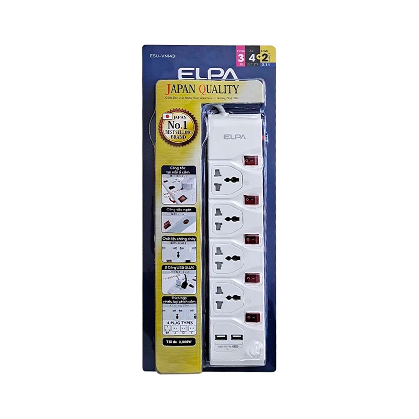 Ổ cắm điện ELPA ESU-VNI43 (4 ổ điện, 5 công tắc, 3m, 2xUSB)