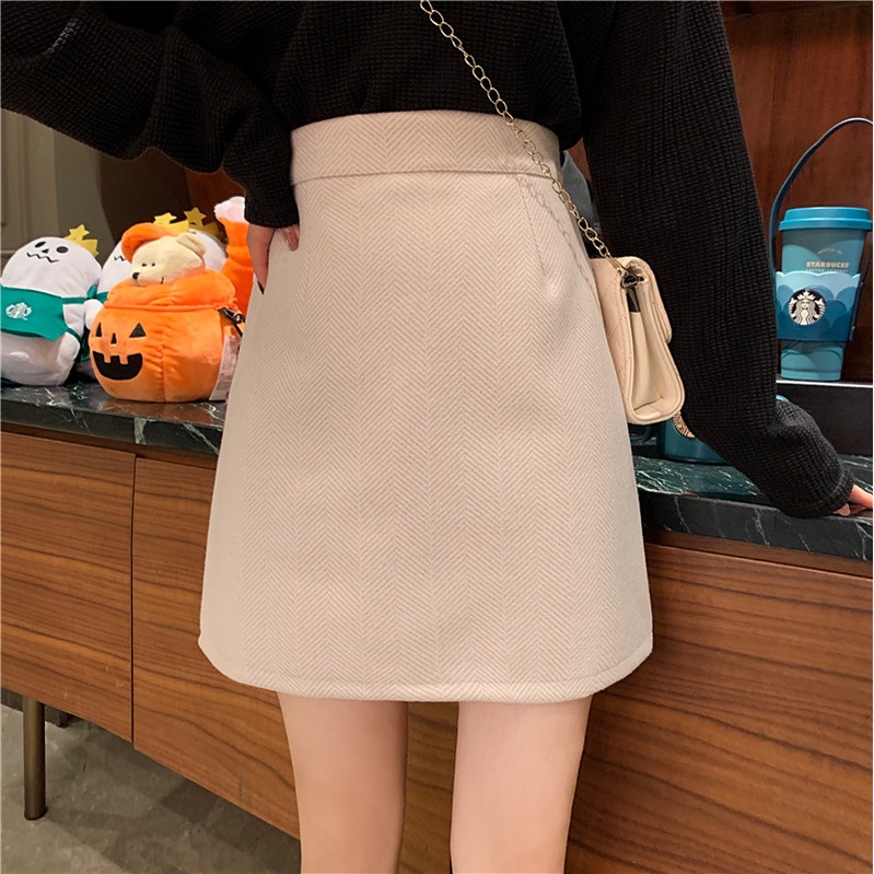 Chân Váy Len Chữ A Lưng Cao Họa Tiết Sọc Caro Phong Cách Retro