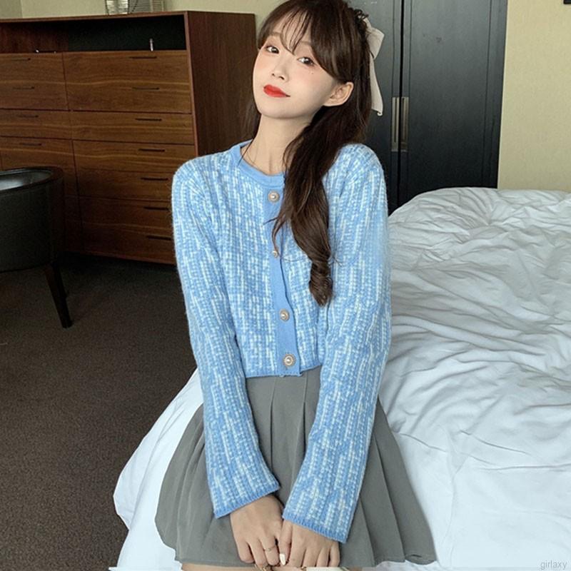 Áo khoác cardigan nữ ngắn dệt kim mỏng tay dài họa tiết kẻ ô phong cách Hàn Quốc