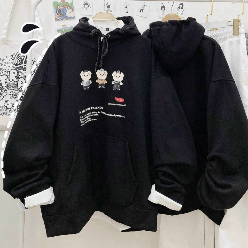 Áo Khoác Hoodie Sweater Tay Bồng Nỉ Ngoại Cực Hot Tp Có Túi Trước 3 Con Gấu Siêu Xinh HHP