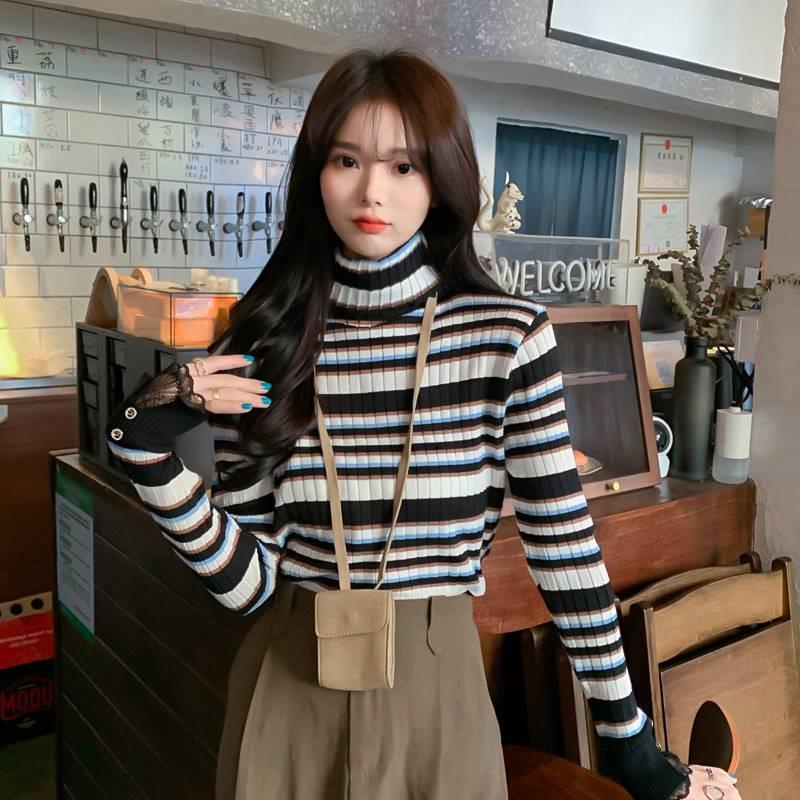 Áo len ZHELIHANGFEI tay dài cổ lọ họa tiết sọc theo phong cách phương Tây dễ phối đồ