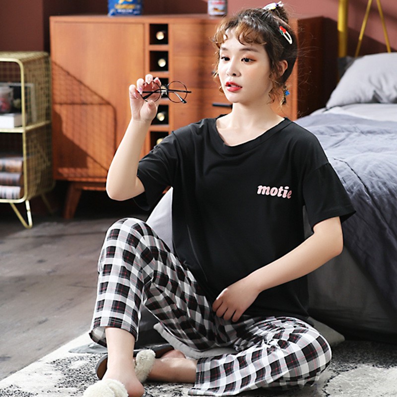 Bộ Ngủ, Set Mặc Nhà Cộc Dài Áo Trơn Quần Caro vải cotton thun sữa CDTT01