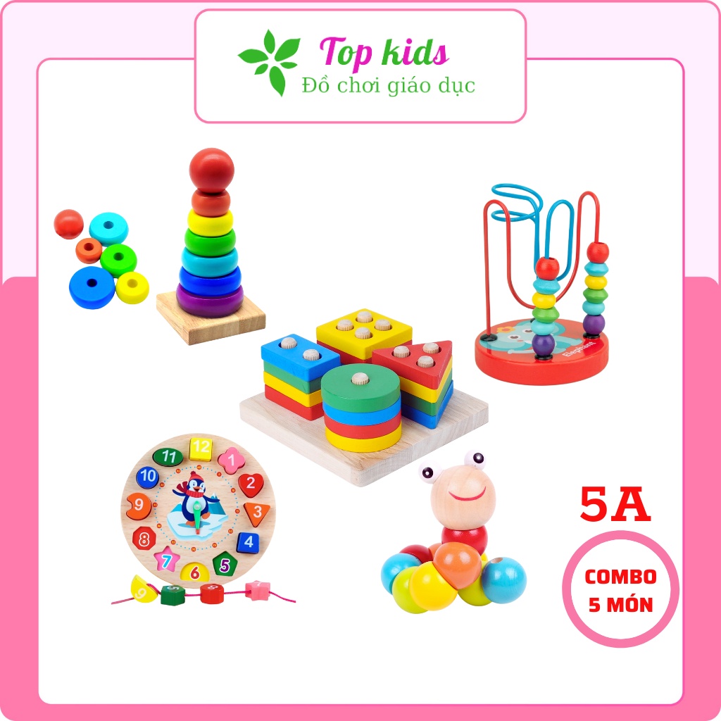 Đồ chơi gỗ thông minh montessori combo 5 bộ xếp hình khối giáo dục sớm cho bé trai bé gái 1 2 3 4 5 6 tuổi TOPKIDS