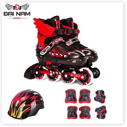 Combo Giày Trượt Patin Bánh Cao Su Phát Sáng M-Gro Chỉnh Size Chính Hãng Đại Nam Sport + Tặng Kèm Bộ Bảo Hộ (Mũ Bảo HIểm