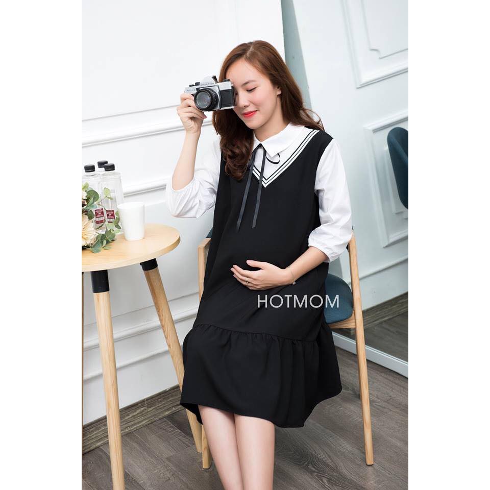 Váy bầu đen phối trắng cổ đức | BigBuy360 - bigbuy360.vn