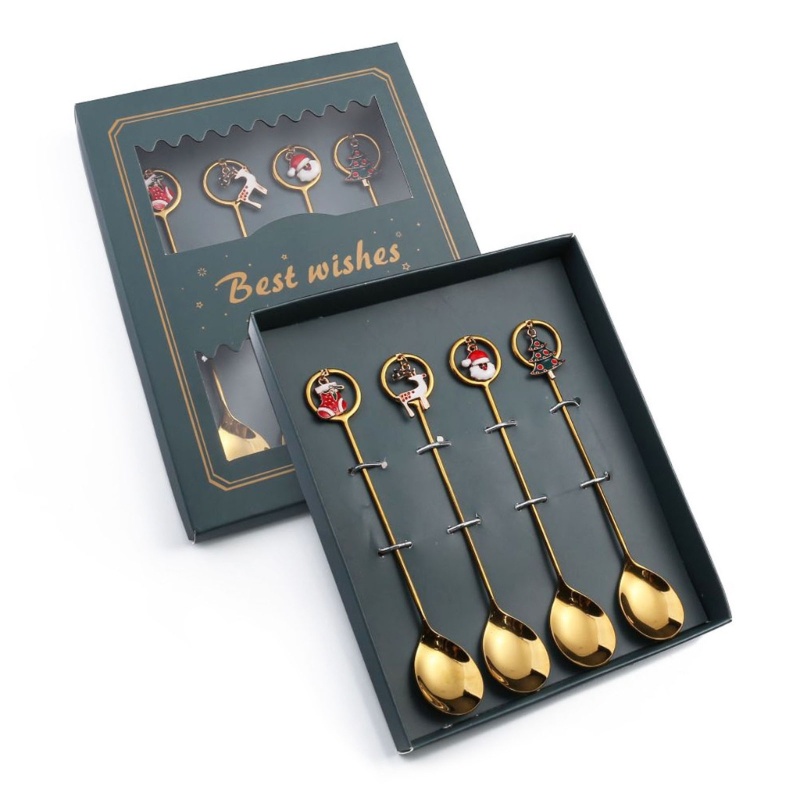 Set 4 Muỗng Cà Phê Bằng Thép Không Gỉ Kèm Hộp Đựng Họa Tiết Giáng Sinh
