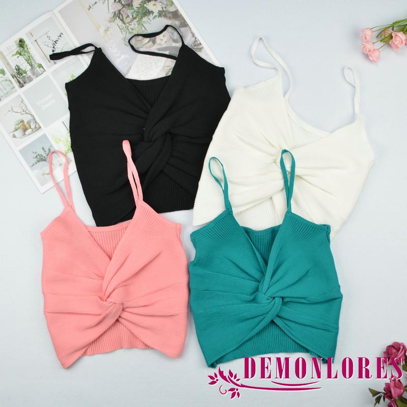 Áo Croptop Dệt Kim Hai Dây Thiết Kế Xoắn Ngực Thời Trang Quyến Rũ Cho Nữ