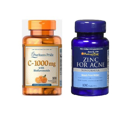 Combo sạch mụn thâm Puritan's Pride - Zinc for Acne 100 viên + Vitamin C 1000mg 100 viên nhộng