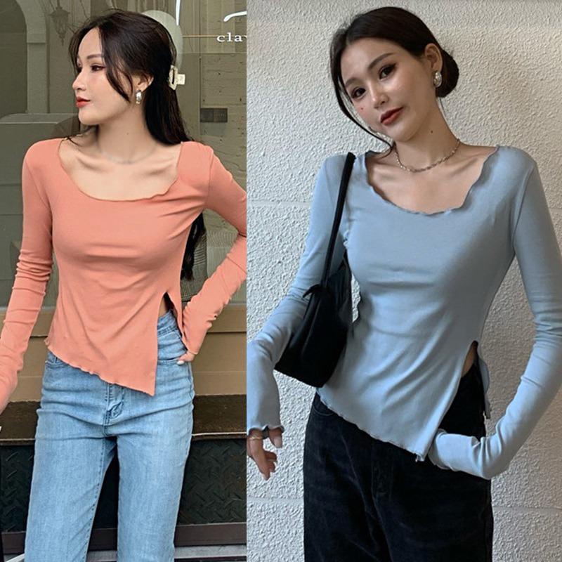Áo Thun Tay Dài Dáng Ôm Kiểu Hàn Quốc Thiết Kế Lệch Tà Cá Tính Cho Nữ