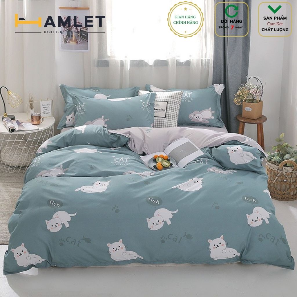 Bộ vỏ chăn ga gối Hamlet chất Cotton Poly Họa tiết Mèo Trắng Nền Xanh