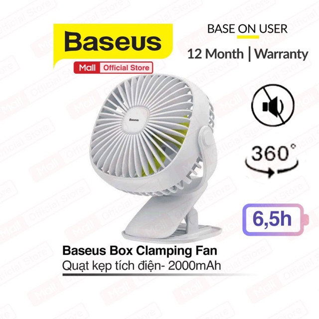 Quạt kẹp mini để bàn Baseus Box Clamping Fan (Pin sạc 2000mAh, 3 cấp tốc độ, đèn LED, xoay 360 độ )