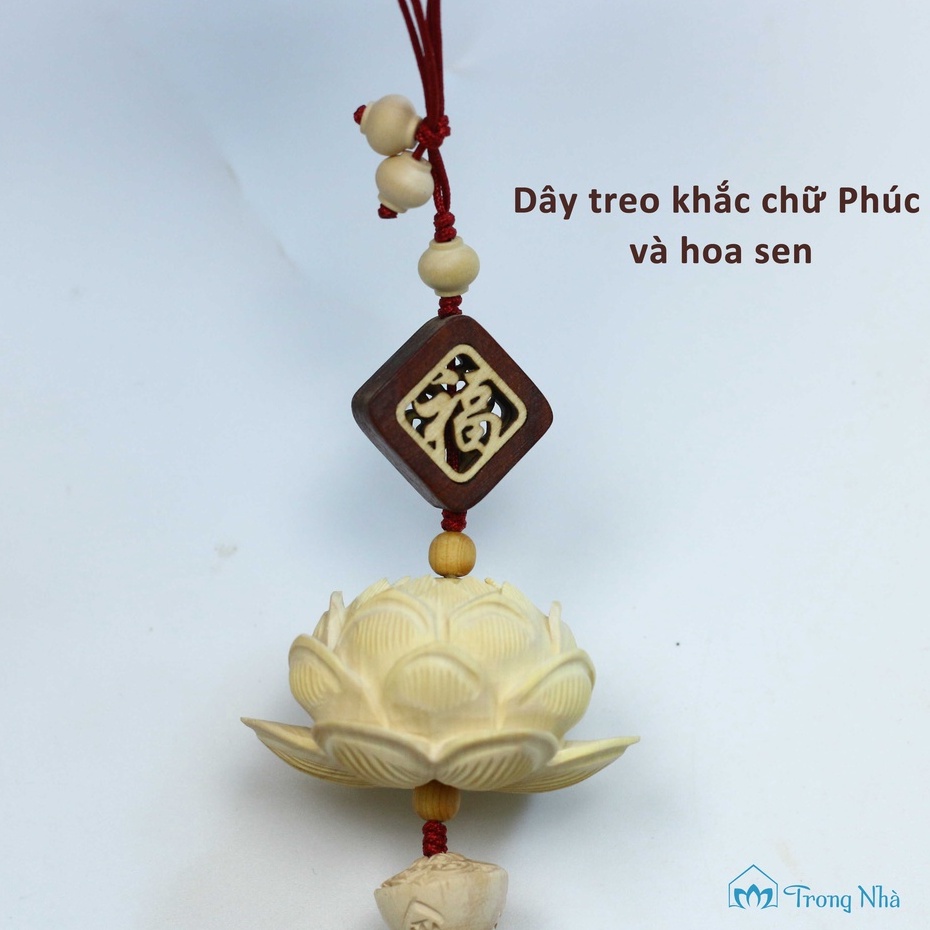 Dây treo xe ô tô phong thủy hình Phật gỗ - Dây treo xe hoa sen khắc chữ Phúc bình an, may mắn - Trong Nhà