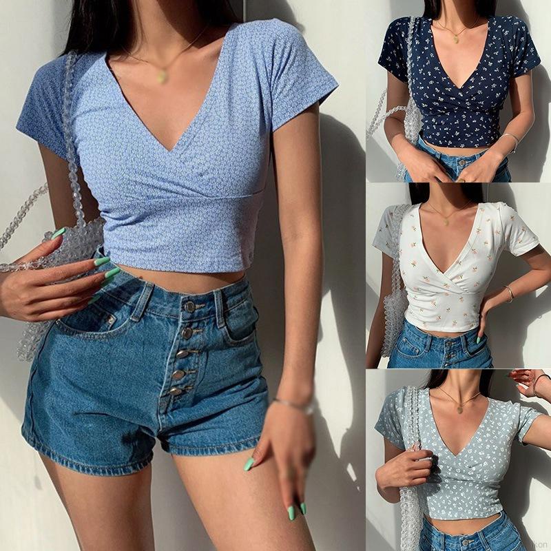Áo croptop tay ngắn cổ chữ v in họa tiết hoa thời trang quyến rũ cho nữ