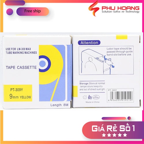 Băng in nhãn tương thích Max PT-309Y, rộng 9mm, dài 8m/cái, màu vàng, dùng cho máy in LM-370E, LM-380E, LM-380A, LM-390A