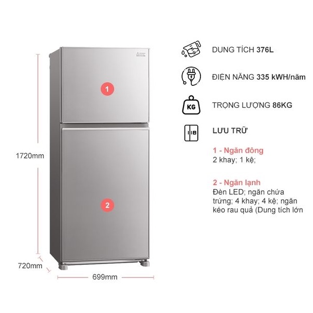 Tủ lạnh Mitsubishi Electric Inverter 376 lít MR-FX47EN-GSL-V - Mặt gương, Khử mùi Carbon hoạt tính, Miễn phí giao HCM.