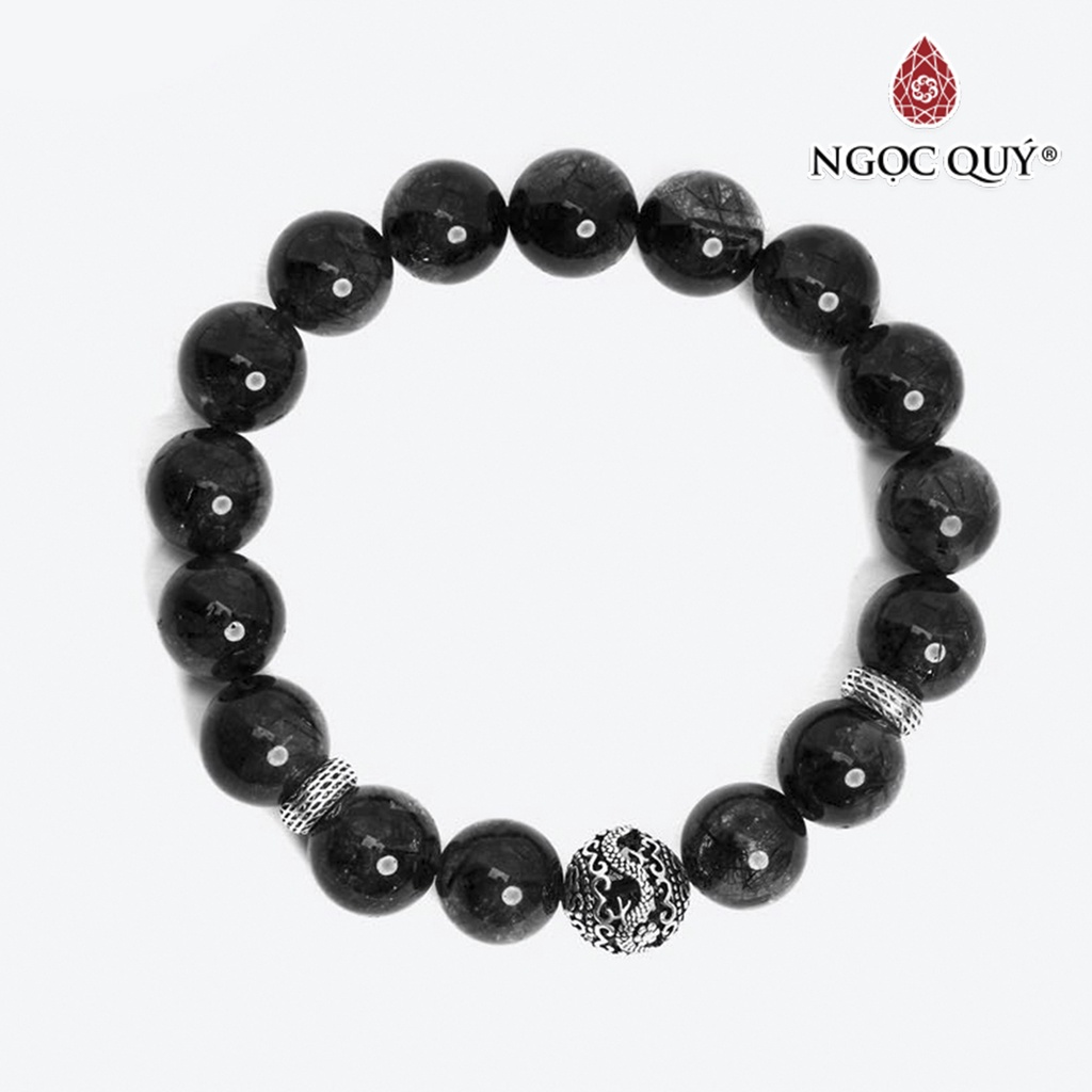 Vòng TA tóc đen phối charm rồng bạc 12mm - Ngọc Quý