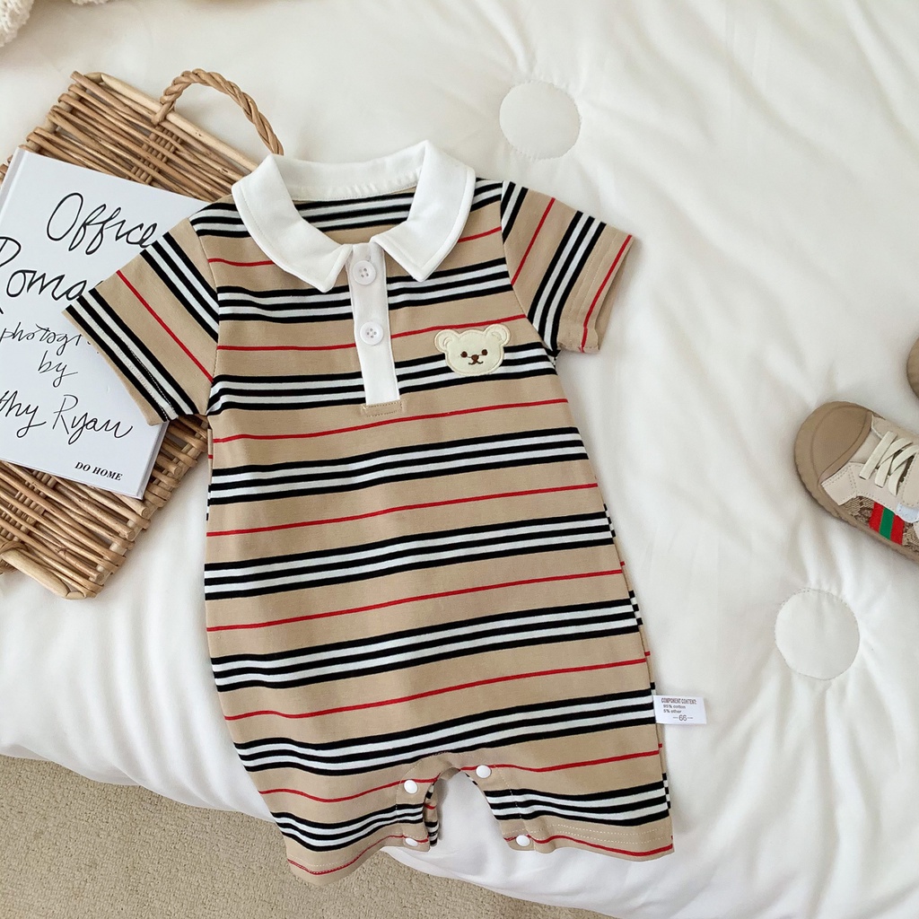 Bộ áo liền quần ngắn tay họa tiết kẻ sọc thời trang mùa hè cho bé trai