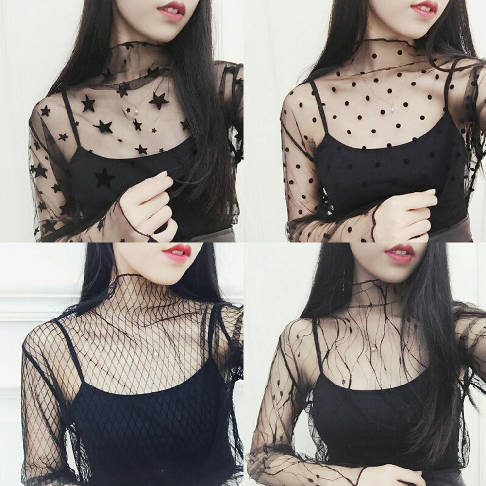 🎉SD Phụ nữ mùa hè Áo sơ mi lưới trong suốt Áo sơ mi Blusas Áo dài tay áo Chemise Femme Thường chấm Áo sơ mi nữ tính