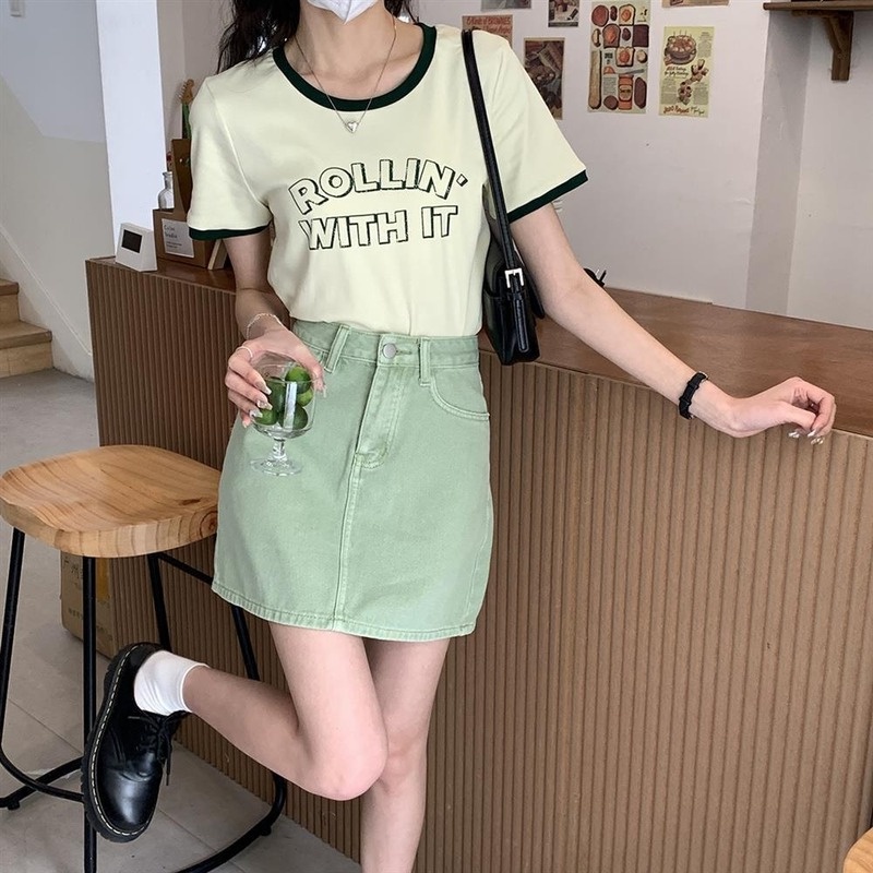 Chân váy jean Chữ A Lưng Cao Màu Sắc Ngọt Ngào Thời Trang Mùa Hè Cho Nữ