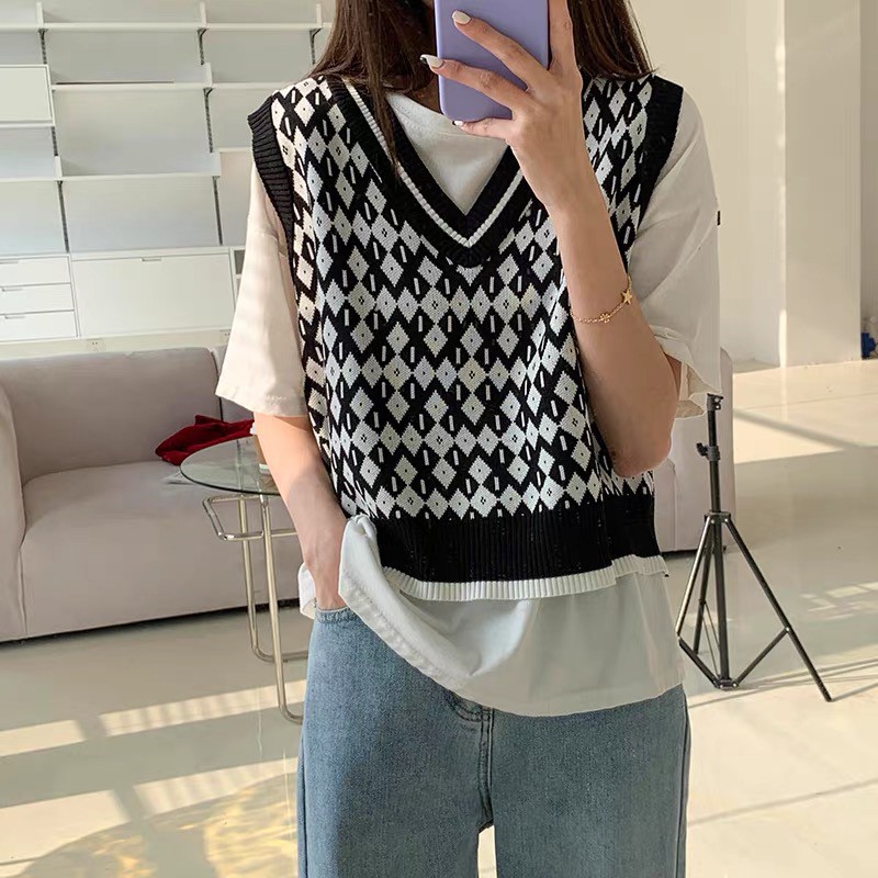 Áo gile thổ cẩm Đen dáng ngắn cổ V Forgirl cho nữ phong cách Hàn Quốc