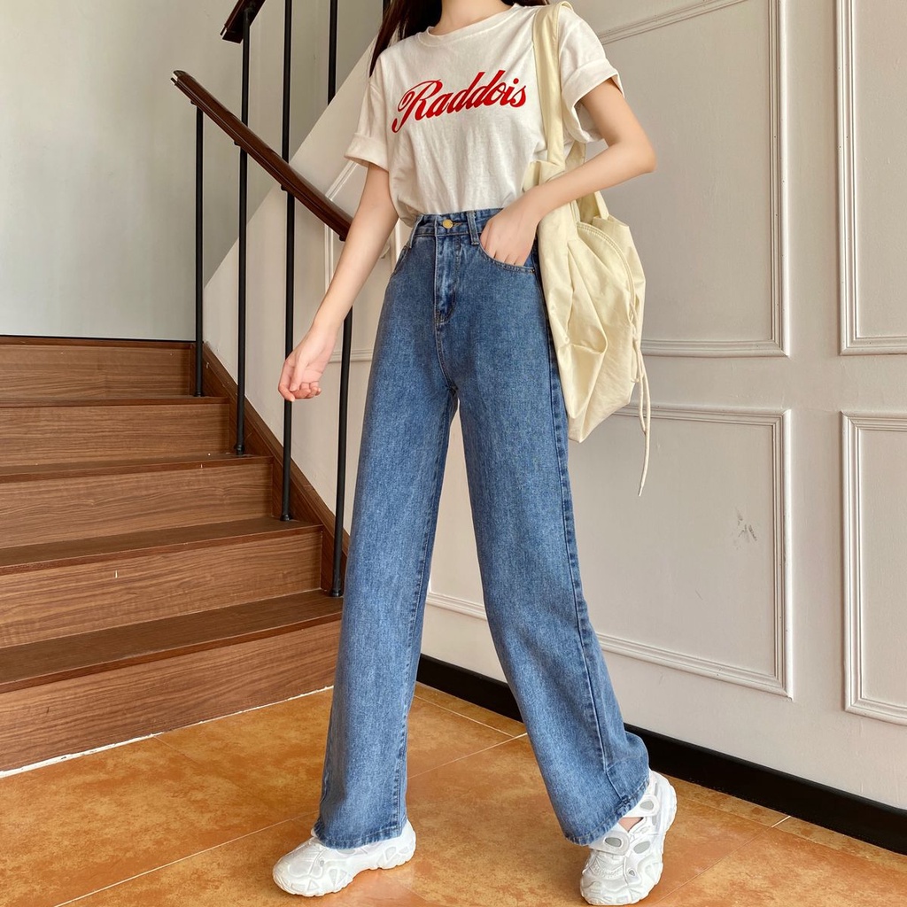 Quần jean ống rộng lưng cao phong cách xuân thu trẻ trung cho nữ