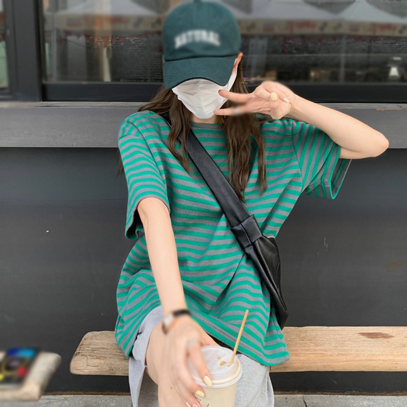 Áo Thun Tay Ngắn Dáng Rộng Họa Tiết Kẻ Sọc Phong Cách Hàn Quốc Thời Trang Mùa Hè Cho Nữ
