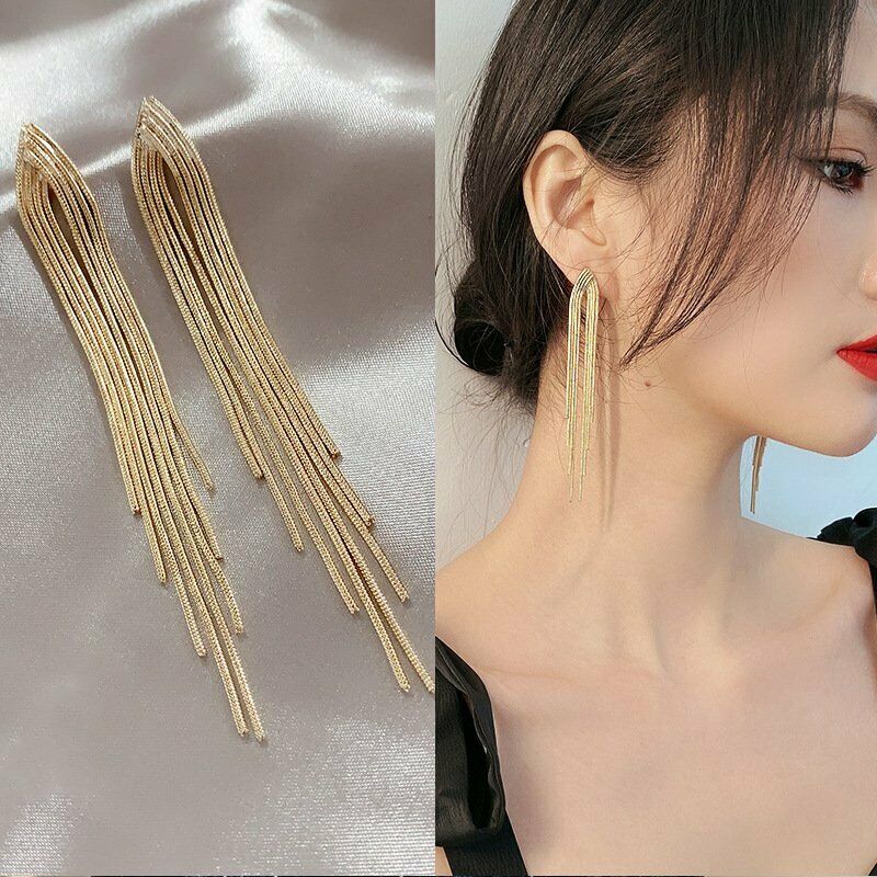 Bông Tai Dạng Dài Tua Rua Màu Vàng / Bạc Thời Trang Cho Nữ