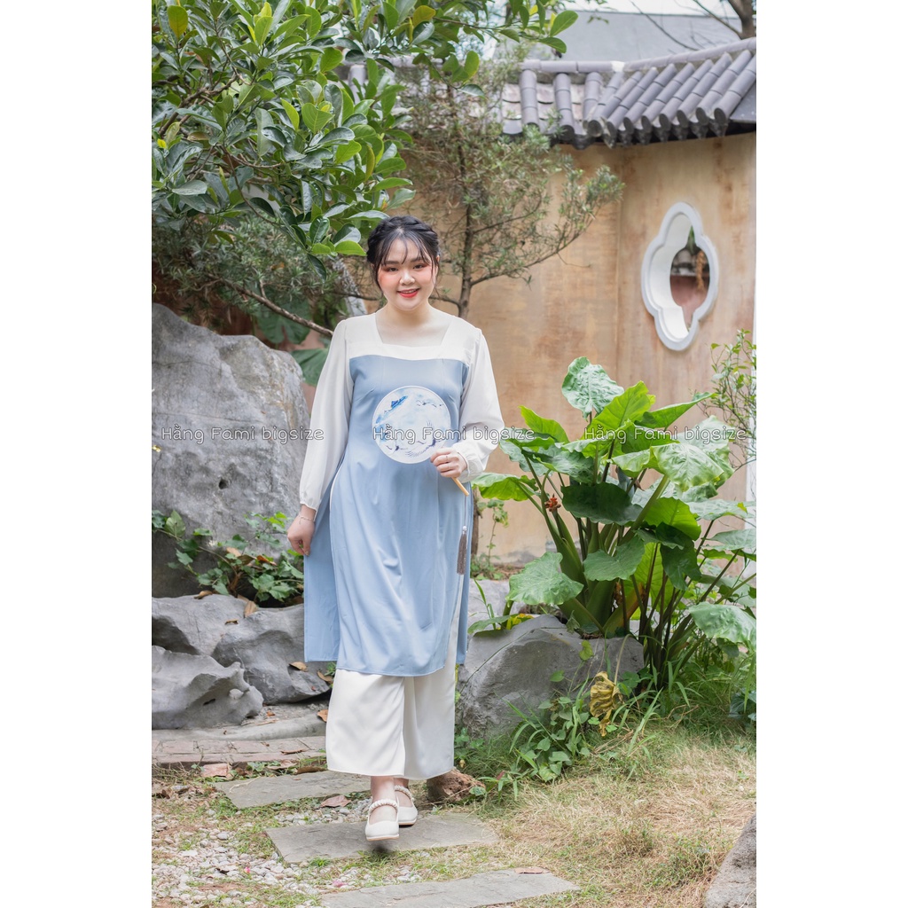 Áo dài trơn cổ vuông kèm quần bigsize (AD07) (size 60kg - 95kg) [ Hằng Fami bigsize]