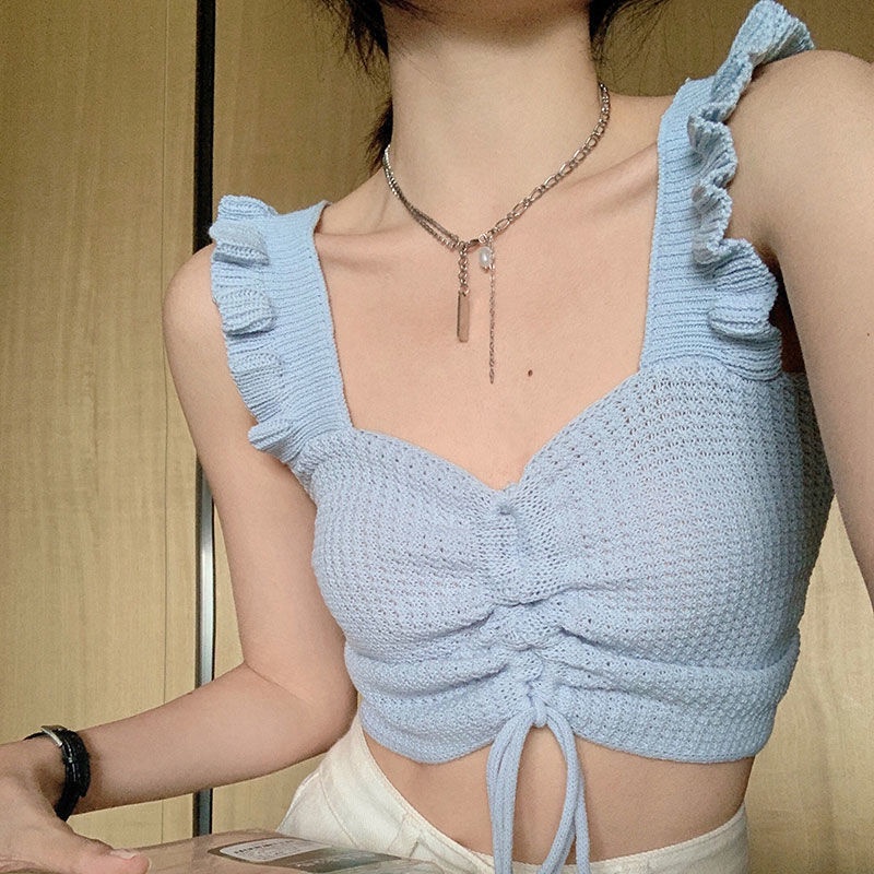 Áo Vest Dệt Kim Màu Trơn 185245 Áo Hai Dây Rút Dây Dáng Ngắn Quyến Rũ Hợp Thời Trang