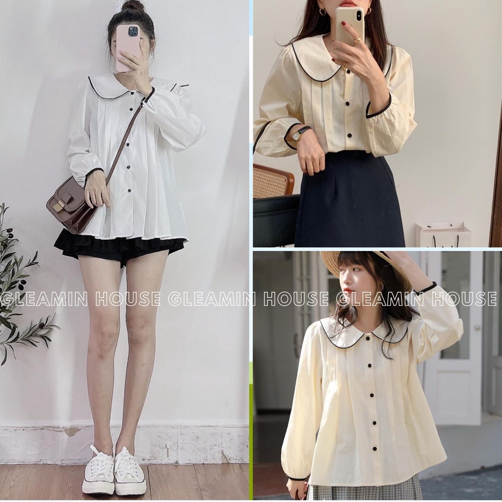 Áo babydoll viền cổ xếp ly, áo kiểu sơ mi nữ dài tay cổ sen 2 màu ( hàng quảng châu loại 1)