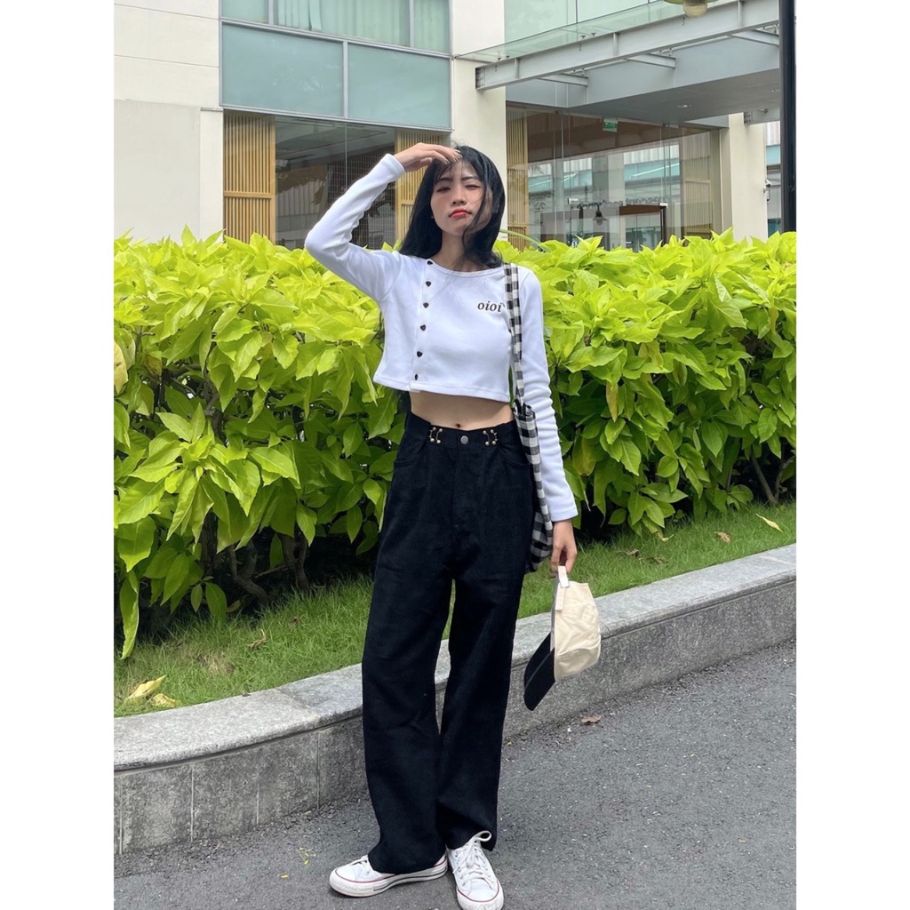 Áo Croptop Nữ OIOI Tay Dài Phối Cúc Cài Thời Trang Vải Thun Gân Phong Cách Ulzzang (Ảnh Thật/ Có Sẵn)