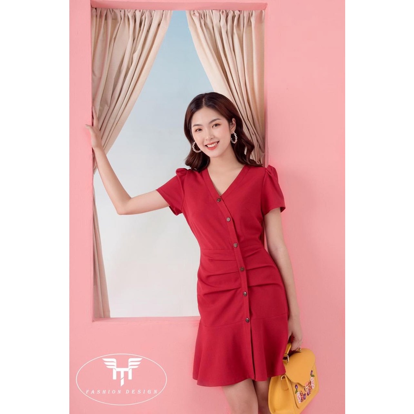 Đầm váy kẻ - váy trơn đuôi cá xếp li eo che khuyết điểm bụng phối cúc gỗ lệch tay bồng nhẹ trẻ trung TV05-HTDesign