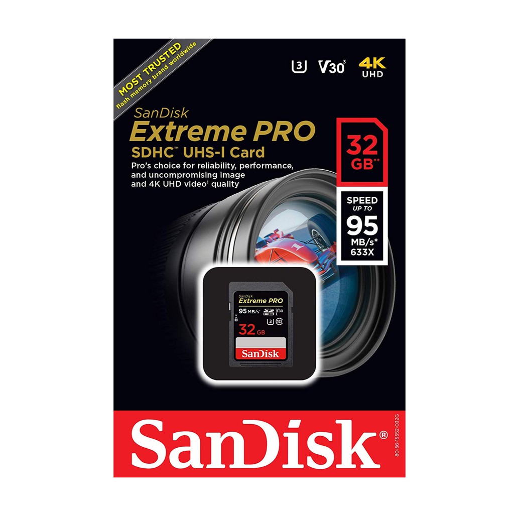 Thẻ nhớ SDHC SanDisk Extreme PRO 32GB UHS-I U3 V30 quay video 4K tốc độ upto 95MB/s dùng cho máy ảnh