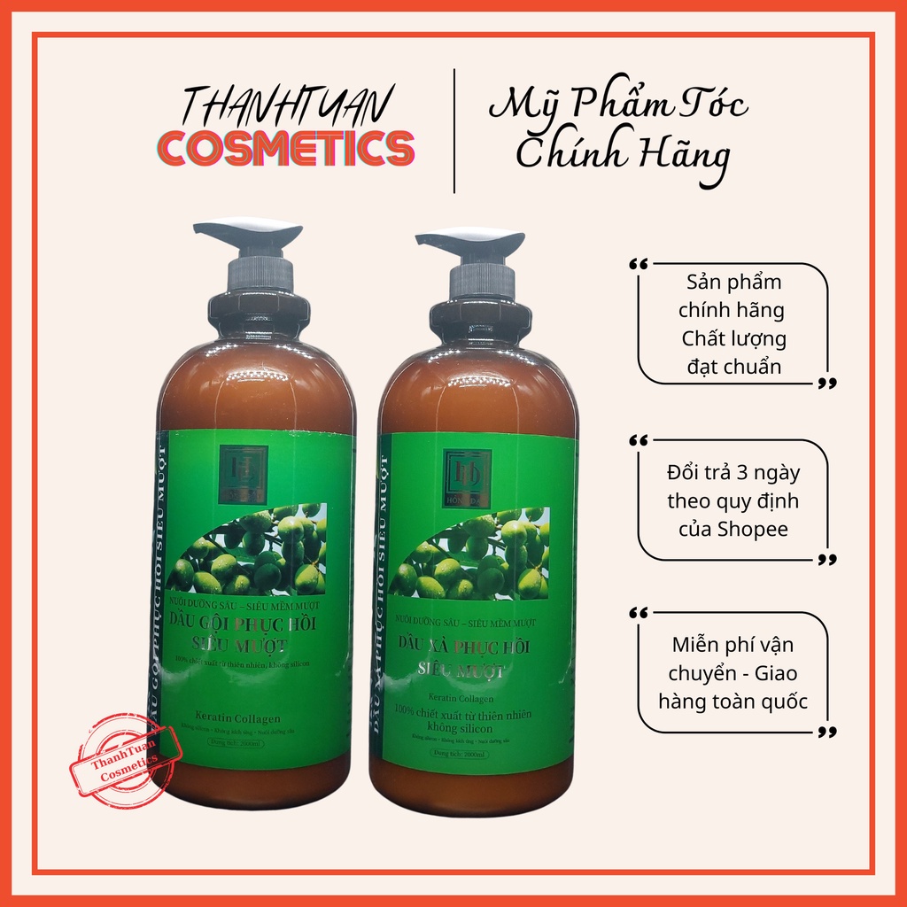 Cặp dầu gội xả Hồng Đạt Keratin Collagen phục hồi siêu mềm mượt chuẩn salon giảm rụng tóc 2000ml - hàng chính hãng