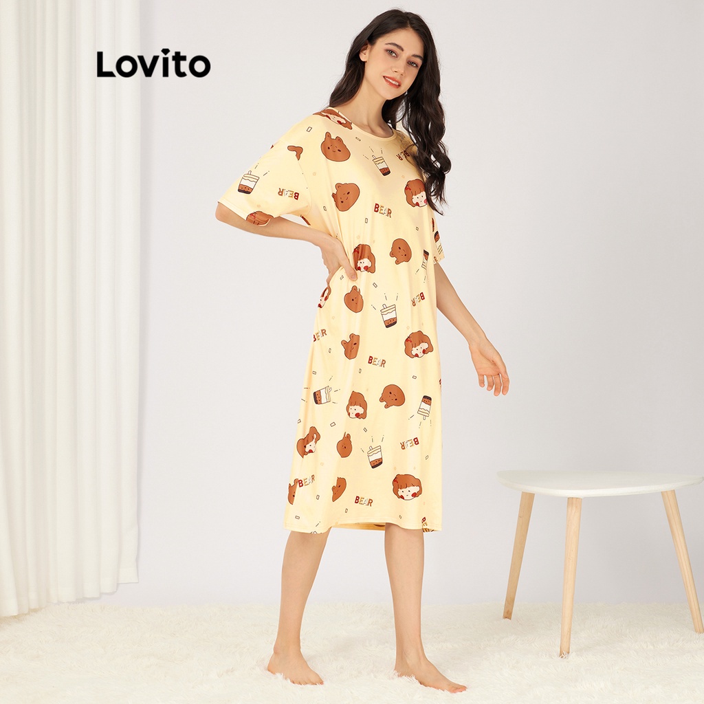 Đầm ngủ Lovito dễ thương họa tiết hoạt hình dáng rộng cổ tròn mặc chui đầu cơ bản L23AD122 (màu vàng)