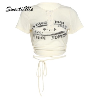 Áo thun crop top tay ngắn cổ tròn dáng ôm in họa tiết thời trang cho nữ sweeticme