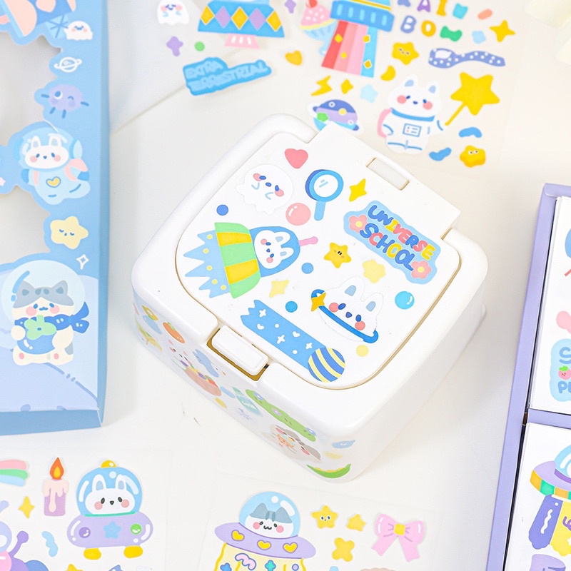 Sticker cute/Hộp 100 tấm sticker hình dán dễ thương Satellite trang trí sổ planner bullet journal Hàn Quốc Tẻn Tẻn