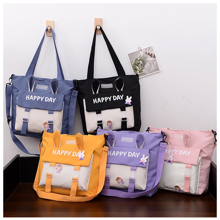 Túi tote đeo chéo đeo vai nữ canvas có khóa kéo phối màu tai thỏ