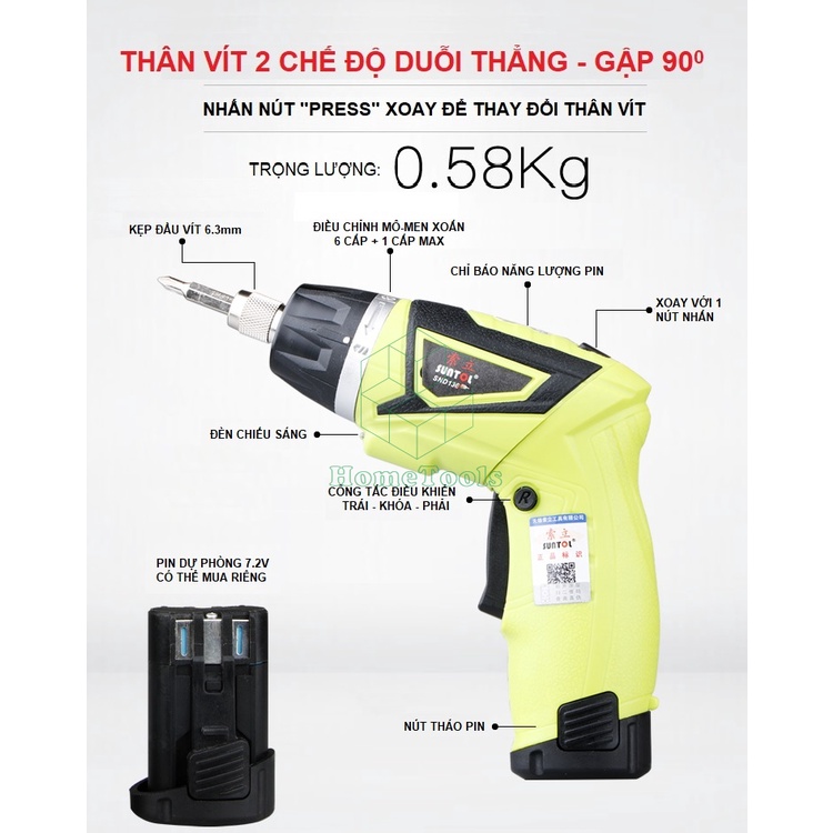 Máy Vặn Vít Tua Vít Pin rời 7.2V Suntol SND136/Thân Vít Gập 90 Độ