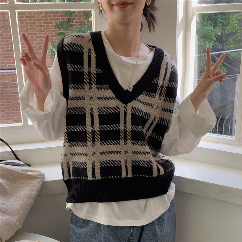 Áo không tay dệt kim dáng rộng cổ chữ V họa tiết kẻ ô thời trang mùa thu dành cho nữ | BigBuy360 - bigbuy360.vn