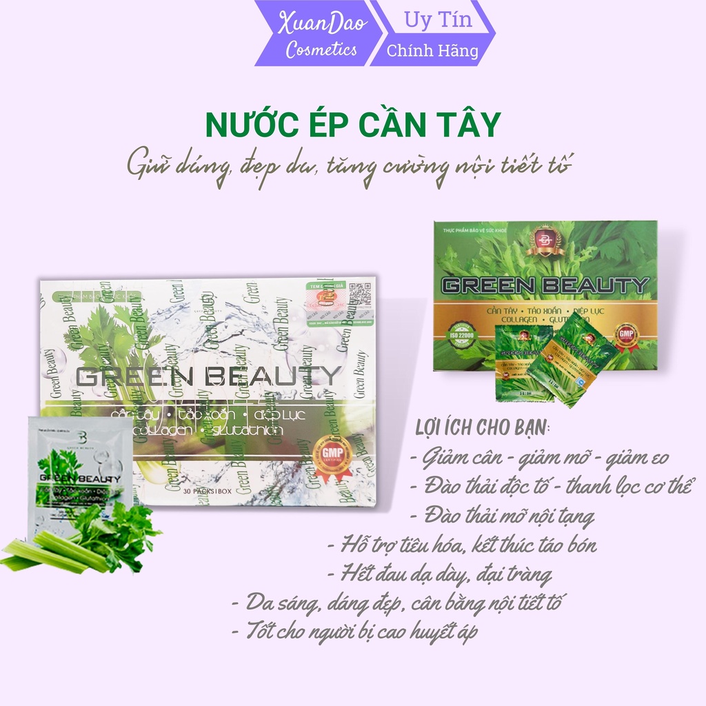 Nước Ép Cần Tây Green Beauty Diệp lục colagen cần tây tảo xoắn giữ dáng đẹp da, giảm mụn, hộp 32 gói