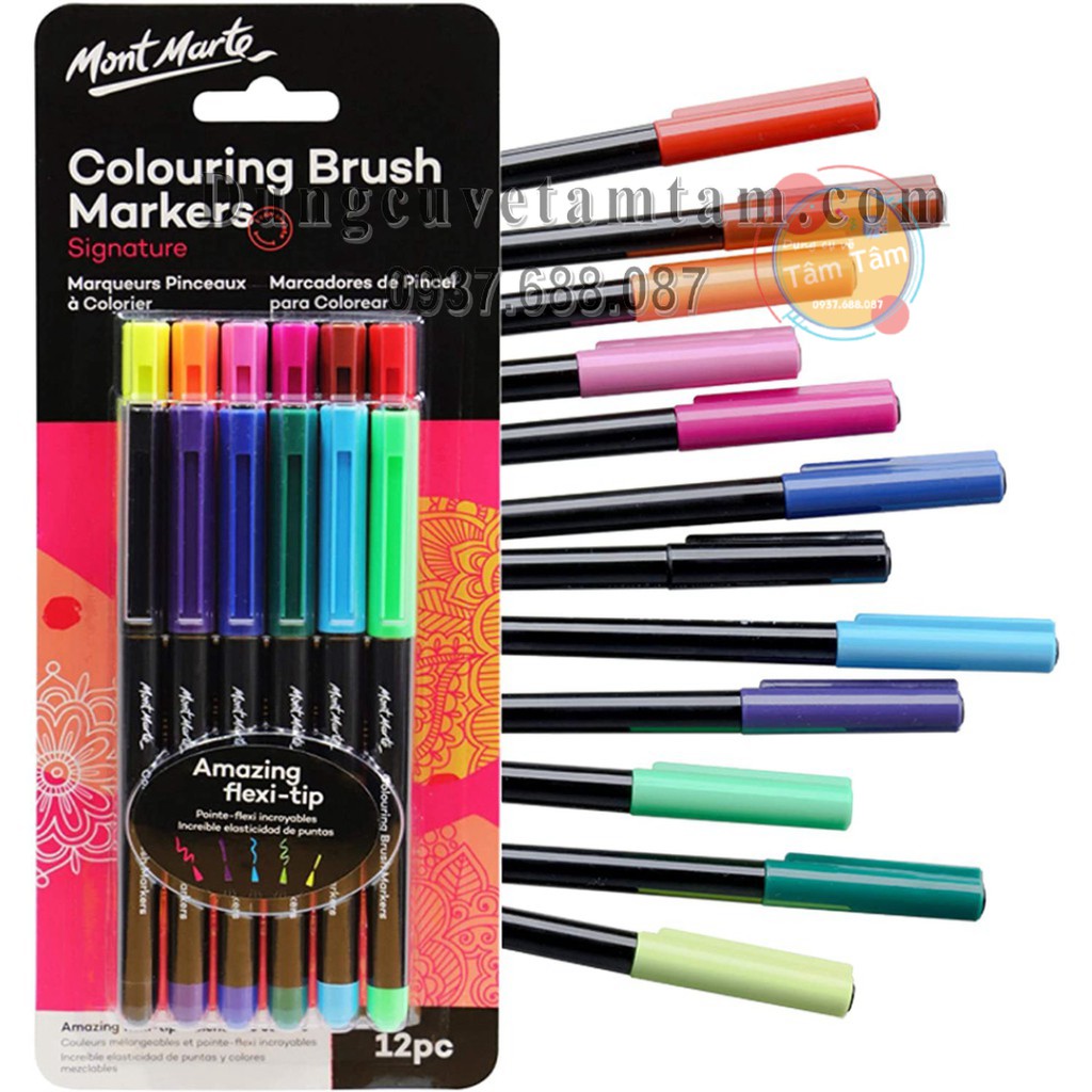 [ TÂM TÂM ]-Bút Marker Brush Mont Marte/ Mont Marte Colouirng Brush Marker FLEXI-TIP bộ 12 màu -