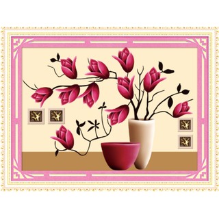 (ĐÃ ĐÍNH) Tranh đính đá thành phẩm BÌNH HOA 70x50cm AH71297