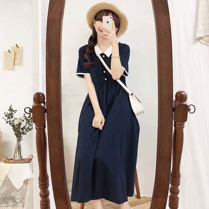 Đầm polo đen viền cổ trắng Váy ngắn tay đi học | BigBuy360 - bigbuy360.vn