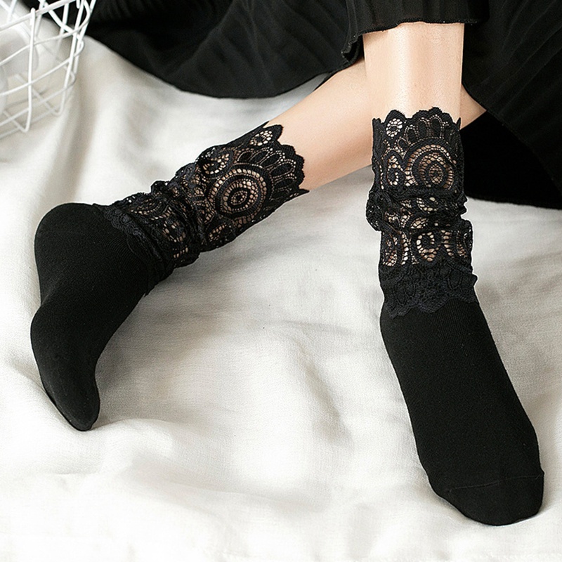 Xiangbao Vớ Cotton Dài Đến Mắt Cá Chân Phối Lưới Ren Hoa Ngọt Ngào Kiểu Harajuku Công Chúa Cổ Điển Thanh Lịch Cho Nữ Ho