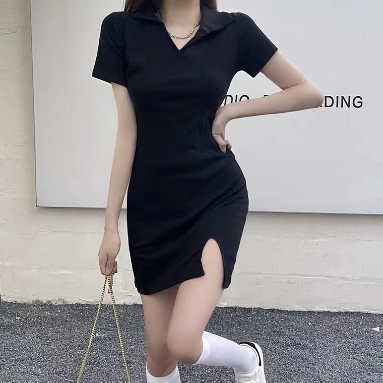 WANG JIAO ZHAN Đầm Cổ Chữ V Màu Đen Thời Trang Nữ