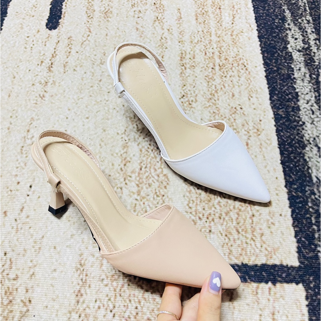 Sandal bít mũi nhọn quai sau khoét lệch gót nhỏ - 7P