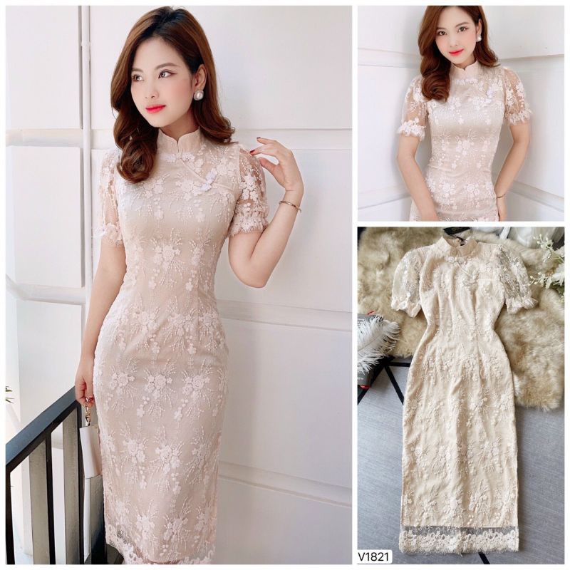 [VÁY ĐI TIỆC CAO CẤP] Váy ren body cổ điển thiết kế cổ Tàu V1821 (Kèm ảnh thật trải sàn do chị chủ shop DVC tự chụp) | BigBuy360 - bigbuy360.vn