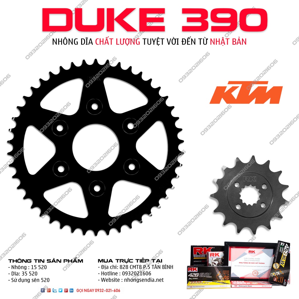 Combo nhông dĩa RK dành cho xe KTM DUKE 390 thương hiệu Nhật Bản